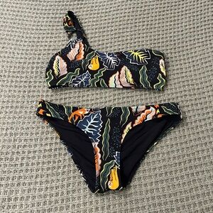 One Shoulder Solid and Striped Bikini Size L Jungle Print